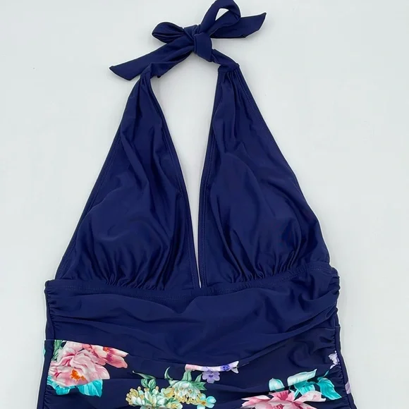 CUPSHE Blue Floral Plunge Halter Tie Neck Tummy Control One-Piece Swimsuit - Picture 4 of 13